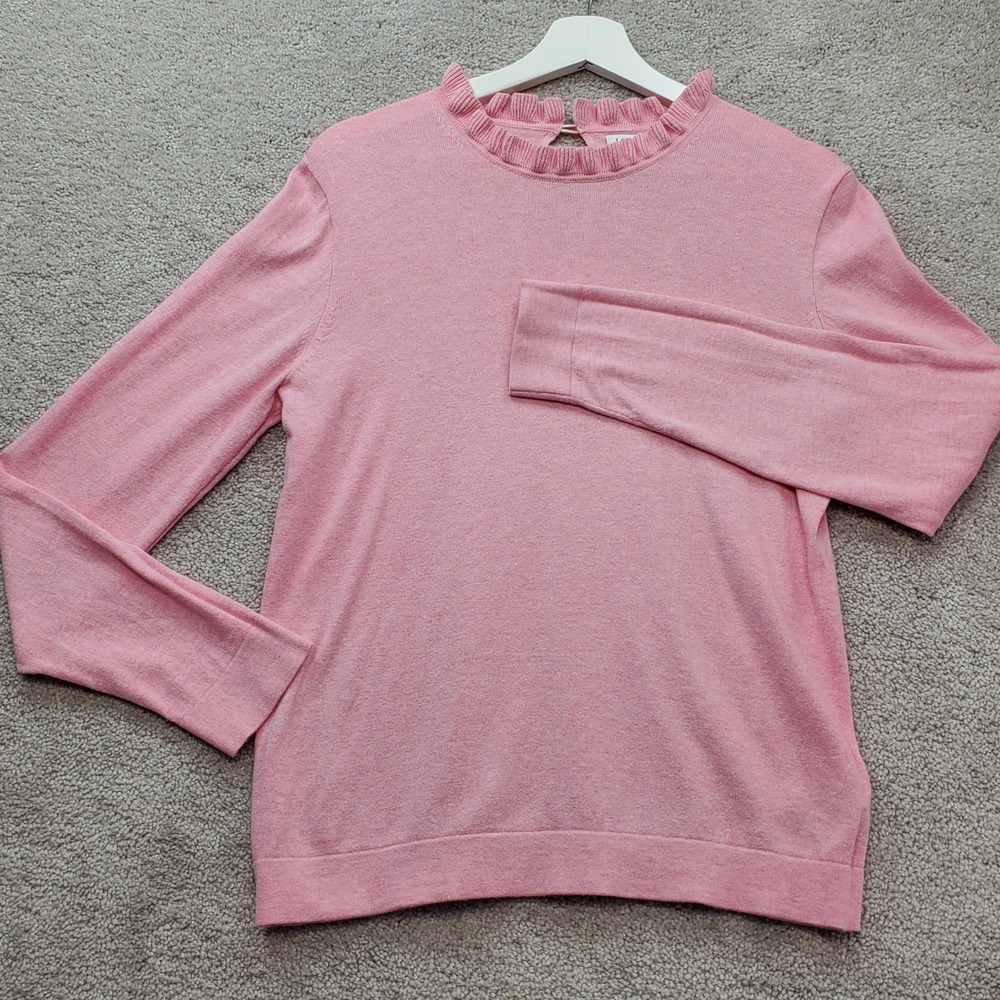 J.Crew Sweater Womens Medium Pink Cotton Long Sleeve Ruffle Neck Keyhole Back - Picture 2 of 10
